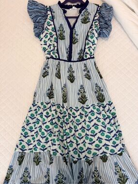 THML Blue and Green Floral Tiered Dress with Puff Sleeves